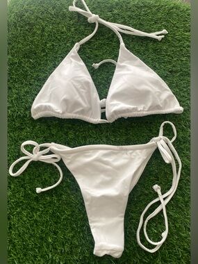 White Bikini Set Size M Adjustable Triangle Top Tie Side Bottoms